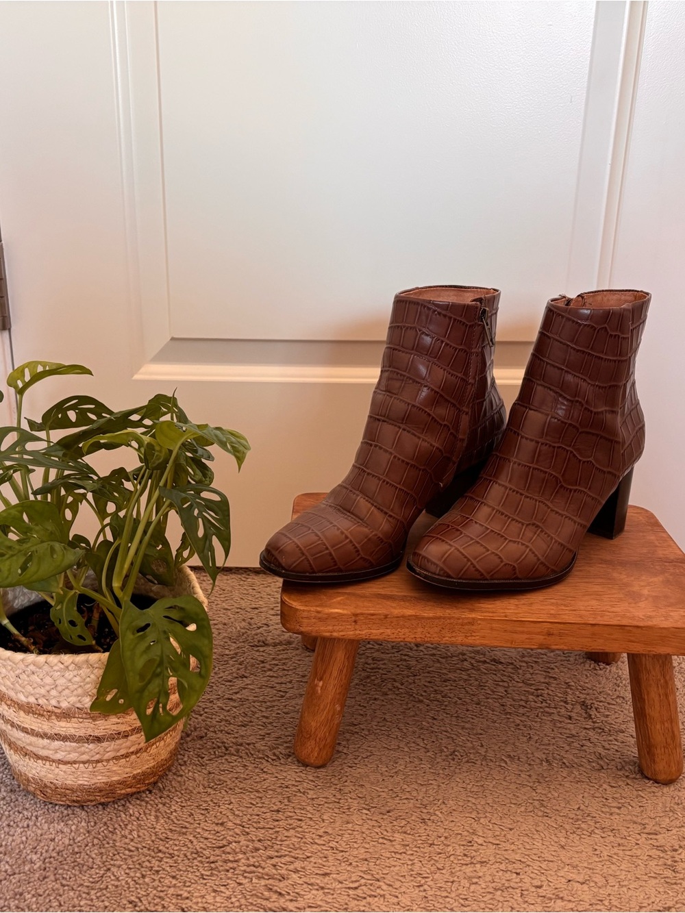 Madewell Brown Croc-Embossed Leather Ankle Booties
